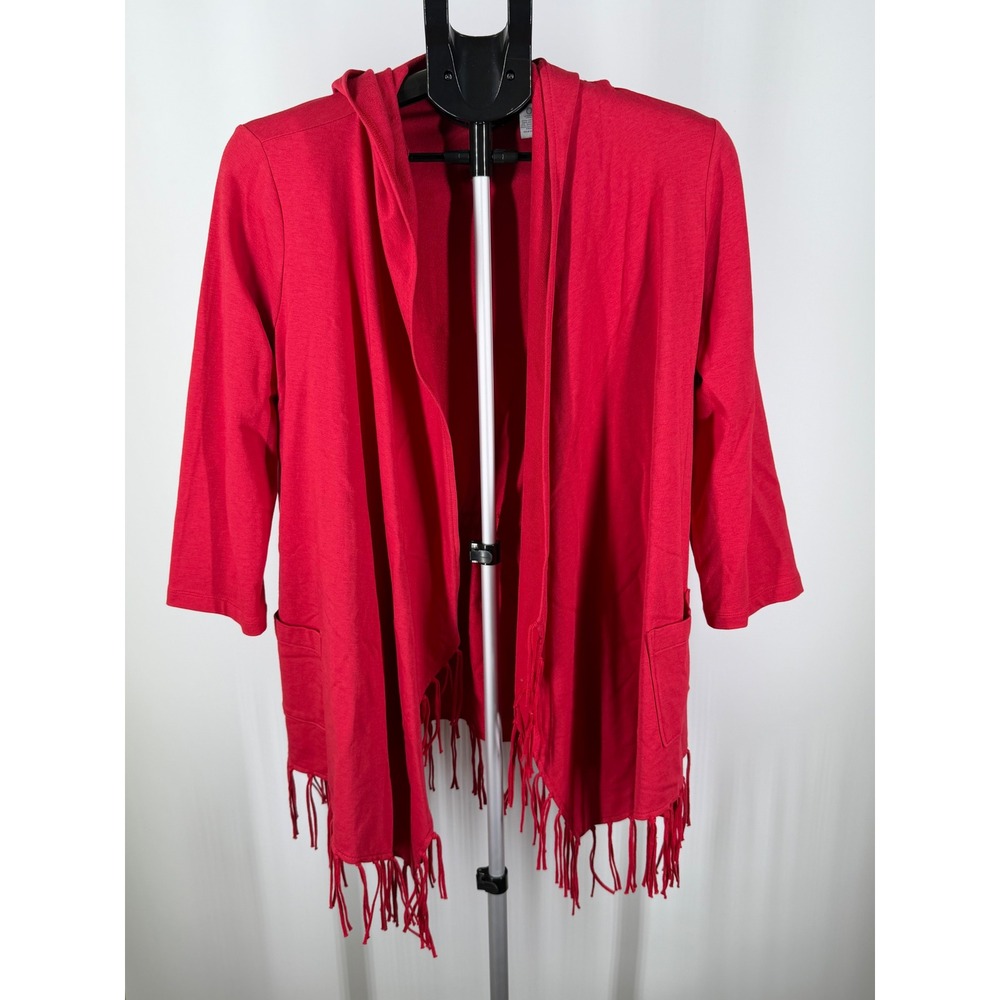 Chicos Zenergy Red Hooded‎ Fringe Open Front Cardigan Jacket Womens Size 0